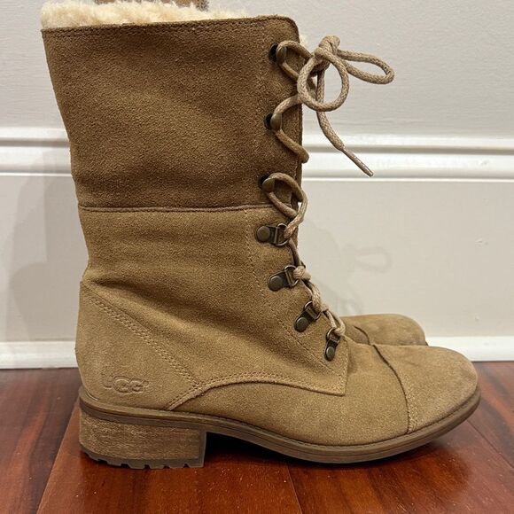 UGG Gradin Tan Suede Lace-Up Combat Boots Size 8 - Picture 1 of 6